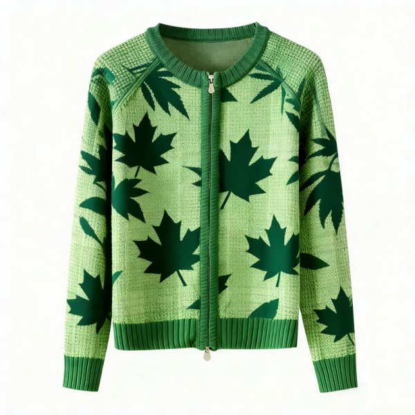 Women's Green Leaf Vine Print Knit Zip-Up Cardigan