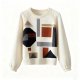 Women's Cream Crew Neck Sweater with Geometric Color Block Print