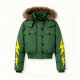 Women's Green Hooded Puffer Jacket with Yellow Lightning Sleeves & Fur Hood Trim