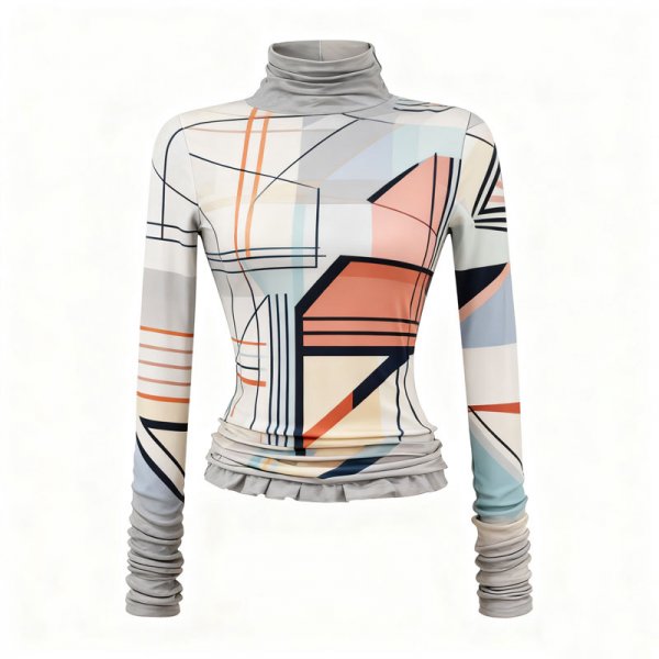 Women's Geometric Color Block Turtleneck Top (Ruched Sleeves & Layered Hem)