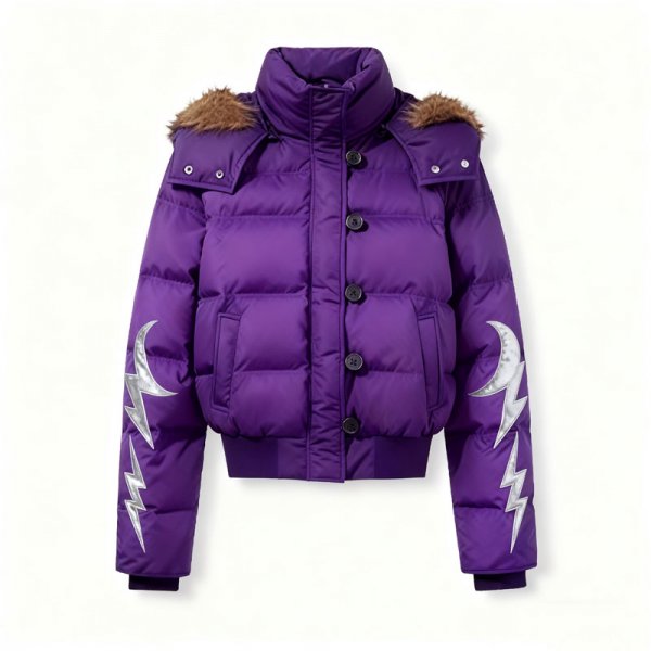 Women's Purple Short Puffer Jacket with Silver Moon & Lightning Sleeves