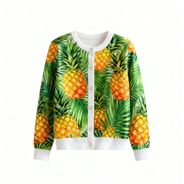 Women's Pineapple & Tropical Leaf Print Cardigan (Button-Front Crew Neck)