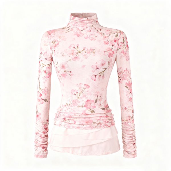 Women's Pink Cherry Blossom Print Turtleneck Top (Layered Hem & Ruched Sleeves)