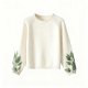 Women's Cream Crew Neck Sweater with Green Leaf Print Sleeves