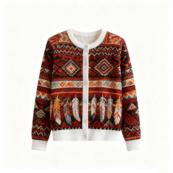Women's Ethnic Geometric & Feather Knit Cardigan (Button-Front)