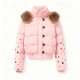 Women's Pink Short Puffer Jacket with Colorful Polka Dot Sleeves & Fur Shoulder Trim