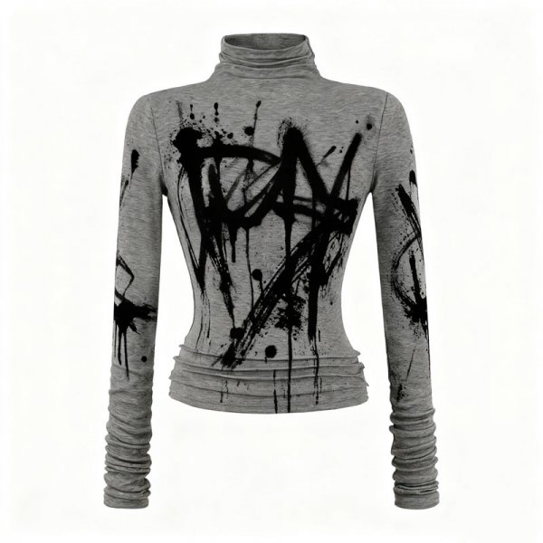 Women's Gray Turtleneck Top with Black Graffiti Print (Ruched Sleeves)