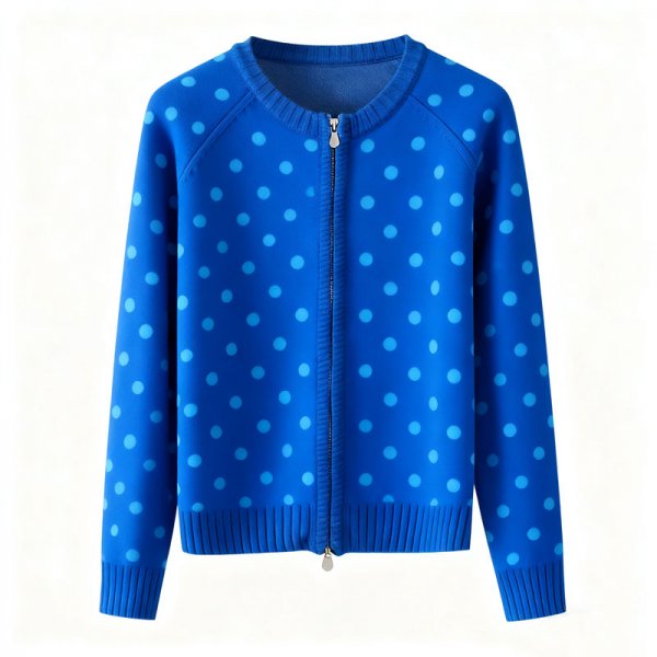 Women's Blue Polka Dot Knit Zip-Up Cardigan