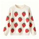 Women's Cream Crew Neck Sweater with Full Red Strawberry Print (Puff Sleeves)