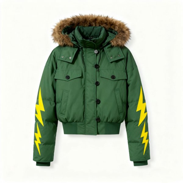 Women's Green Hooded Puffer Jacket with Yellow Lightning Sleeves & Fur Hood Trim