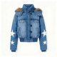 Women's Denim Short Puffer Jacket with White Star Sleeves & Fur Shoulder Trim