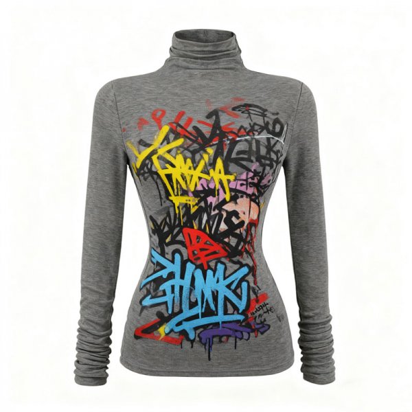 Women's Gray Turtleneck Top with Colorful Graffiti Print (Ruched Sleeves)