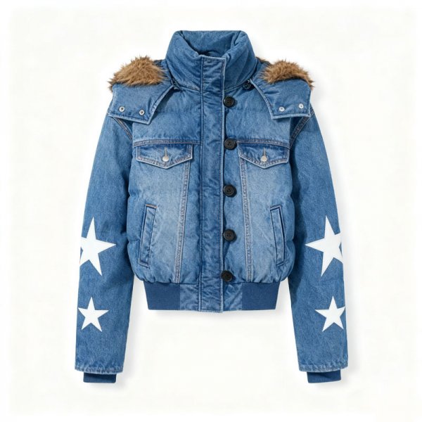 Women's Denim Short Puffer Jacket with White Star Sleeves & Fur Shoulder Trim