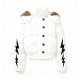 Women's White Short Puffer Jacket with Black Lightning Sleeves & Fur Shoulder Trim