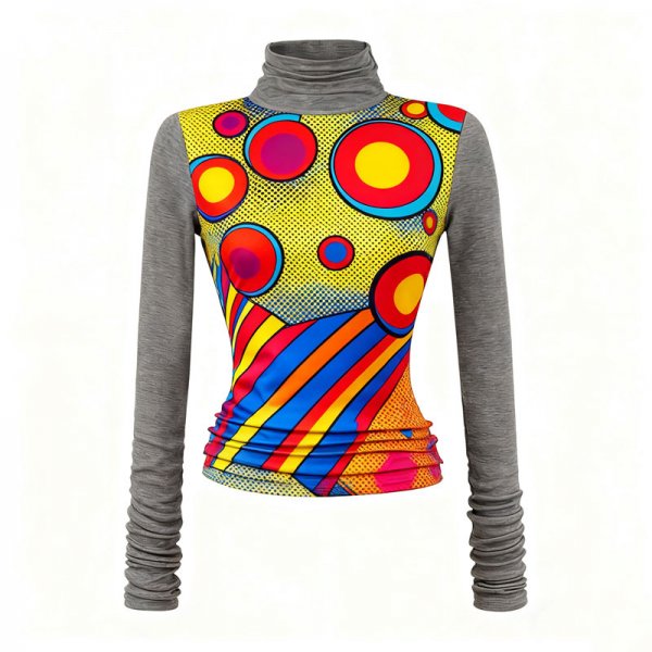 Women's Color Block Turtleneck Top with Polka Dot & Stripe Print (Gray Sleeves)