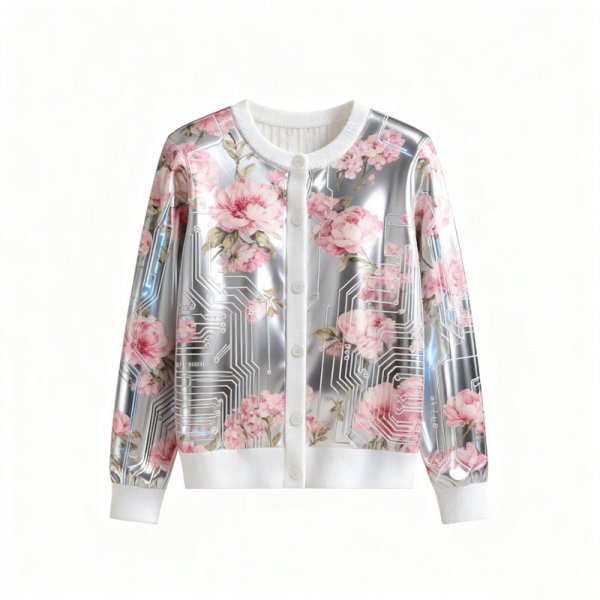 Women's Silver Metallic Floral & Circuit Print Cardigan (Sweet-Cool Style)