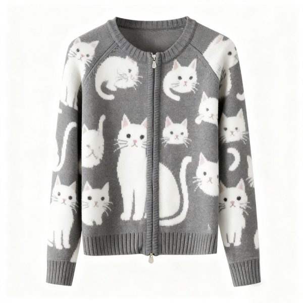 Women's Gray White Cat Print Knit Zip-Up Cardigan