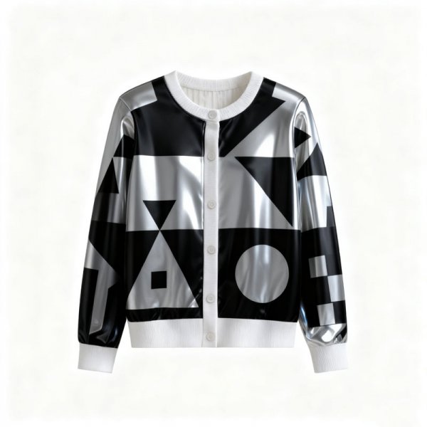 Women's Black-White Geometric Print Metallic Cardigan (Button-Front)