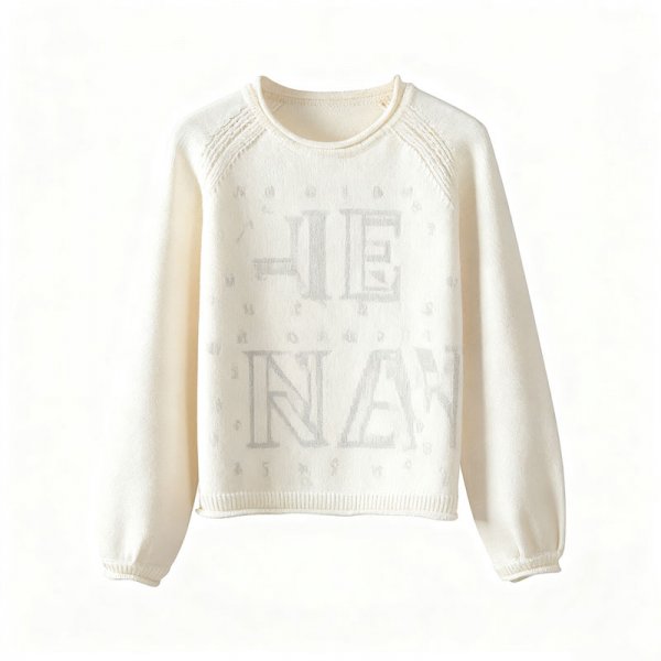 Women's Cream Crew Neck Sweater with Subtle Gray Letter Pattern