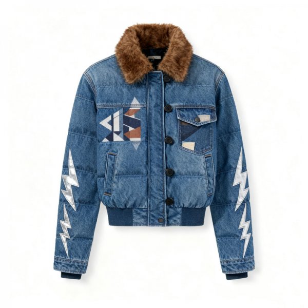 Women's Denim Patchwork Puffer Jacket with Silver Lightning Sleeves & Fur Collar